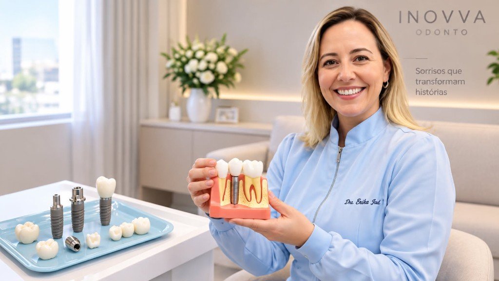 Dra. Erika Jud explicando implante dentário e coroa na Inovva Odonto